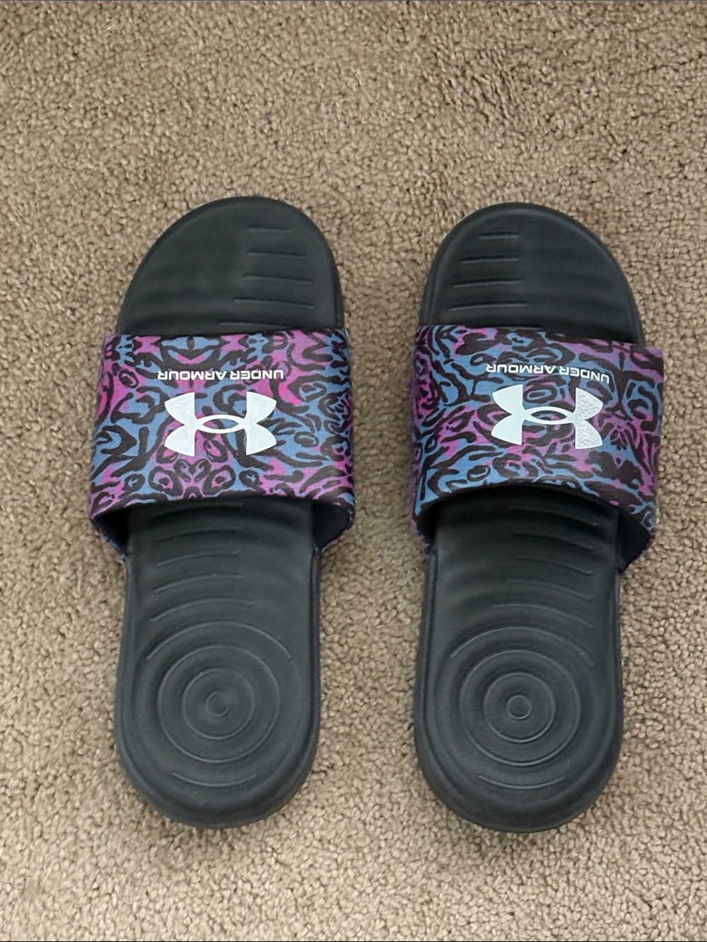 Womens Under Armour Black Slides with Purple & Blue Leopard Strap Pattern